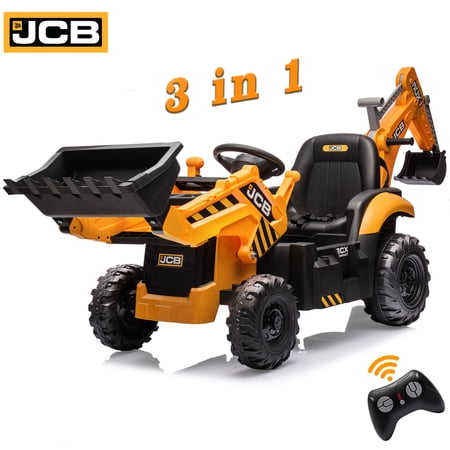 JCB Excavator Ride On & Bulldozer, 24V Battery Powered Construction Vehicles for Kids with Remote Control and Front Loader, Music Player, Backhoe Loader Ride-On Large Digger