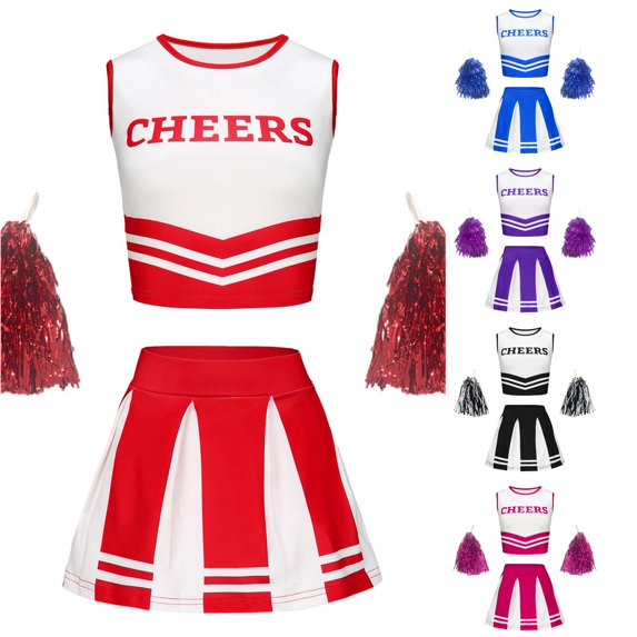 JCCXIN Baby Girls Outfit Sets Cheerleading Uniform With Handflowers Set Summer Tank Top And Pleated Skirt Letter Graphic Crew Neck Sports Meet Lovely Cheer Team Clothes,Red,9-10 Years