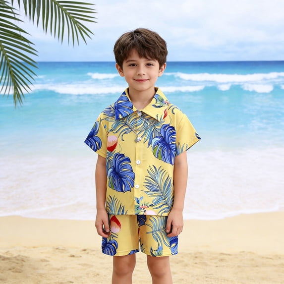 JCCXIN Boys Summer Beach Outfit Sets Tropical Floral Print O-Neck Short Sleeve Shirt And Shorts Casual Loose Fit Tops Shorts Two Piece Kids Comfort Clothes Sets