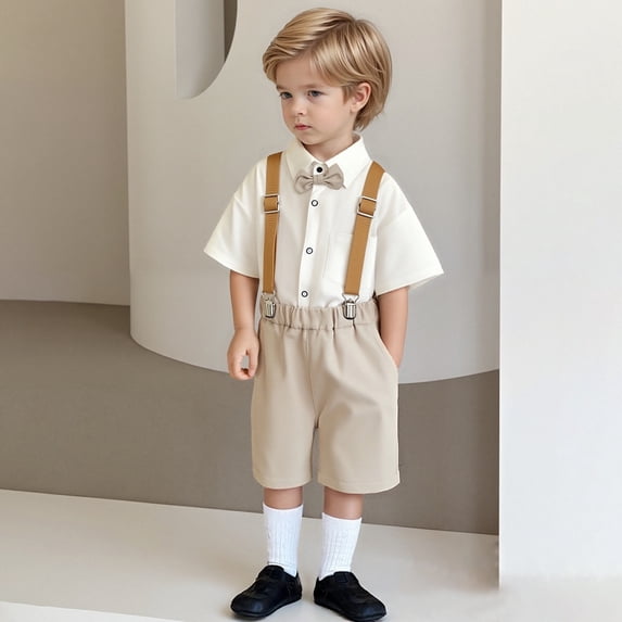 JCCXIN Boys Summer Casual Suit Set Kindergarten Graduation Performance Outfit Sets Festival Birthday Gentleman Short Sleeve Button Shirts+Bowtie+Suspender Shorts Formal Fashionable Clothes Sets