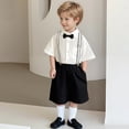 thumbnail image 1 of JCCXIN Boys Summer Casual Suit Set Kindergarten Graduation Performance Outfit Sets Festival Birthday Gentleman Short Sleeve Button Shirts+Bowtie+Suspender Shorts Formal Lovely Clothes Sets, 1 of 4