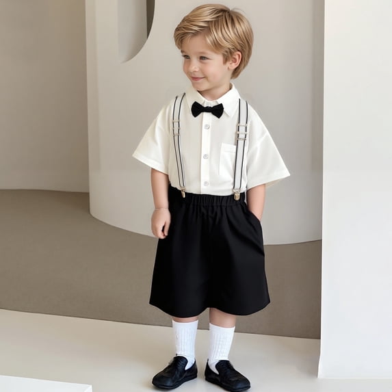 JCCXIN Boys Summer Casual Suit Set Kindergarten Graduation Performance Outfit Sets Festival Birthday Gentleman Short Sleeve Button Shirts+Bowtie+Suspender Shorts Formal Lovely Clothes Sets