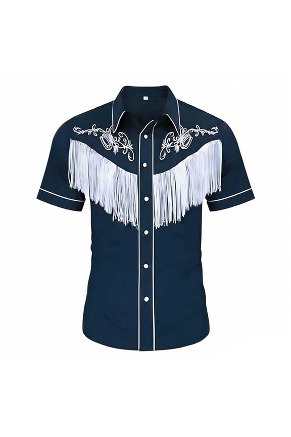 Boys Tee Shirts Western Cowboy Print Crew Neck Short Sleeve Button Down Casual Relaxed Vacation Tops,Navy,6-7 Years