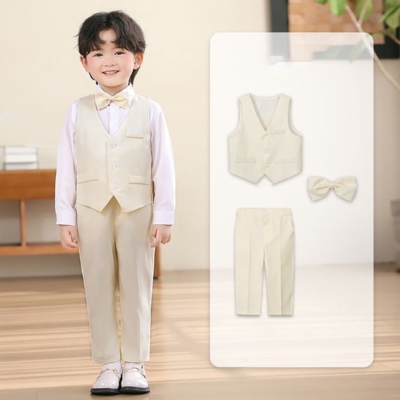 JCCXIN Boys Vest Suits 3 Piece Outfit Sets Tuxedo Set Kids Formal Suit Blazers Coats Tops Boys With Vest And Pants Bowtie Set Slim Relaxed Fit Clothes Sets