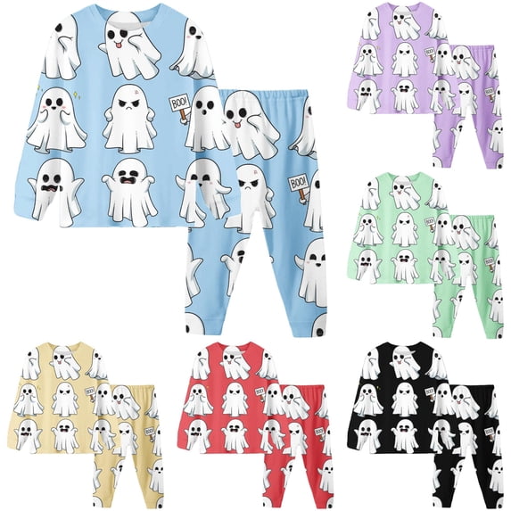 JCCXIN Child Girls Pajamas Halloween Sleepwear Long Sleeve Crew Neck Top And Pants 2 PC Sleep Set Ghost Graphic Soft Fall Winter Casual Daily Homewear Cozy Nightwear,Light Blue,6-7 Years