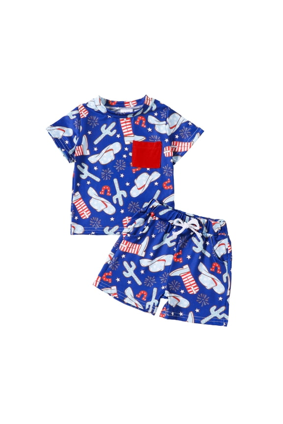Child Toddler Boys Outfits Crew Neck Short Sleeve Independence Day Us National Flag Color Prints T Shirt Tops And Shorts Adorable Party Sets,Blue,18-24 Month