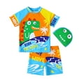 thumbnail image 1 of JCCXIN Child Toddler Boys Swimsuit Cartoon Dinosaur Graphic Rash Guard And Trunks With Hat 3 PC Set Short Sleeve Crew Neck Batching Suit Summer Surfing Soft Pool Swim Sets,Sky Blue,4-5 Years, 1 of 7