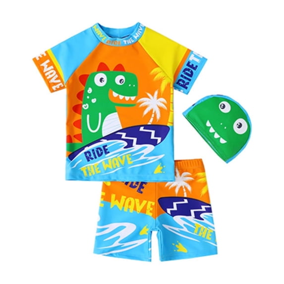 JCCXIN Child Toddler Boys Swimsuit Cartoon Dinosaur Graphic Rash Guard And Trunks With Hat 3 PC Set Short Sleeve Crew Neck Batching Suit Summer Surfing Soft Pool Swim Sets,Sky Blue,4-5 Years
