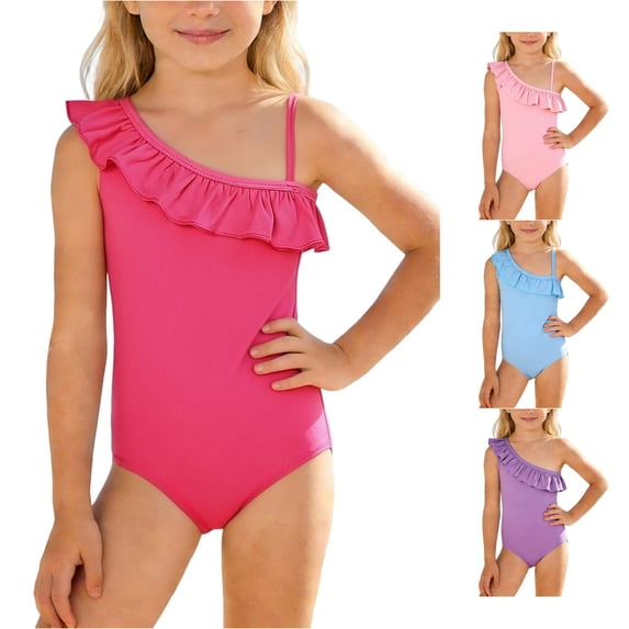 JCCXIN Child Toddler Girls Bathing Suit One-Piece Tankini Ruffles Solid Color Swim Wear Spaghetti Strap One Shoulder Surfing Summer Water Play Cute Beach Swimwear,Hot Pink,3-4 Years