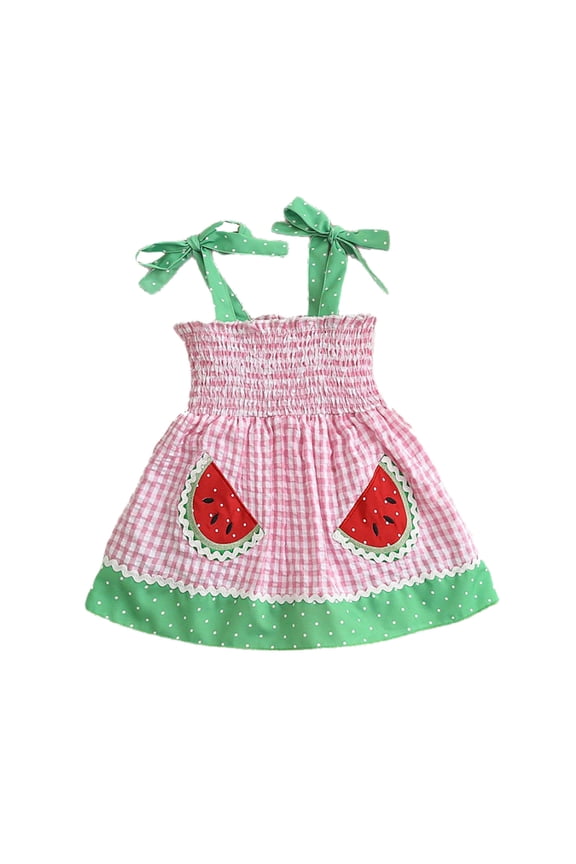 Child Toddler Girls Dresses Straplesses Sleeveless Plaid Romper Watermelon Embroider Suspenders Bodysuit Sweet Celebration Dress,Pink,6-12 Months