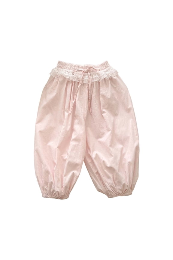 Child Toddler Girls Sweatpants Cotton Solid Color Summer Lightweight Lace Design Breathable Casual Loose Fit Elastic Waist Outdoor Comfort Breeches Cool Party Bottoms,Pink,4-5 Years