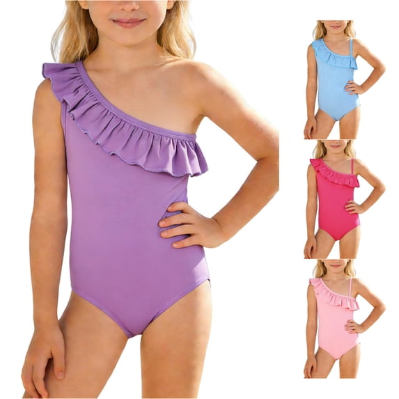 JCCXIN Child Toddler Girls Swimsuit One-Piece Tankini Ruffles Solid Color Swim Wear Spaghetti Strap One Shoulder Surfing Summer Water Play Soft Beach Swimwear,Purple,15-16 Years