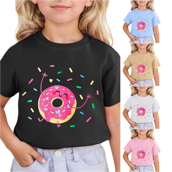 JCCXIN Child Toddler Girls Tee Shirts Short Sleeve Cartoon Doughnut Graphic Tops Crew Neck School Outdoor Playwear Loose Fit Summer Soft Party Casual Everyday Wear,Black,3-4 Years
