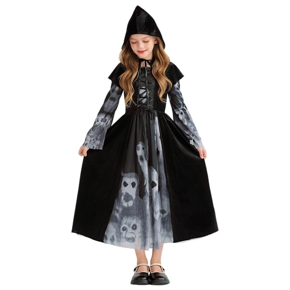 JCCXIN Child Toddler Girls Witch Halloween Outfits Black Dress-Up Party Clothes Ghost Graphic Long Sleeve Dresses With Hooded Shawl 2 PC Set Trick Or Treat Carnival Funny Outfit Sets,Black,3-4 Years