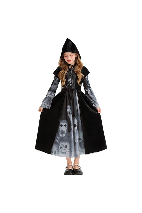 Child Toddler Girls Witch Halloween Outfits Black Dress-Up Party Clothes Ghost Graphic Long Sleeve Dresses With Hooded Shawl 2 PC Set Trick Or Treat Carnival Funny Outfit Sets,Black,3-4 Years