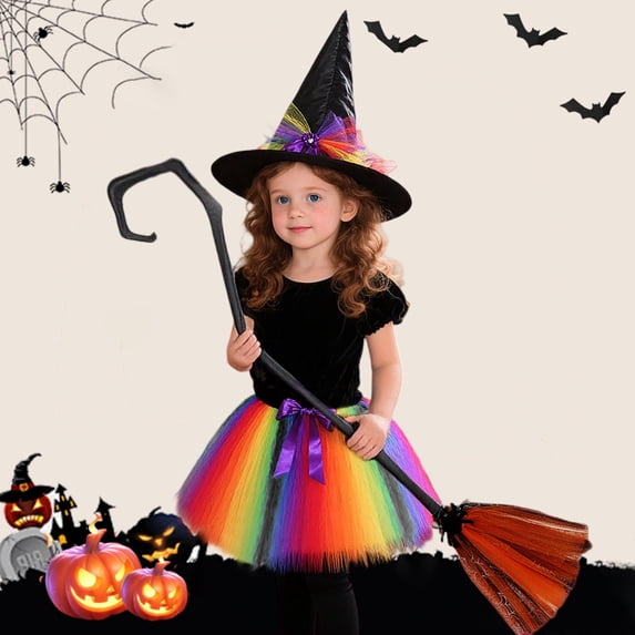 JCCXIN Child Toddler Girls Witch Halloween Outfits Dress-Up Party Clothes Bowknot Tutu Skirt With Hat Broomstick 3 PC Set Trick Or Treat School Carnival Cute Outfit Sets,Multicolor,6-8 Years