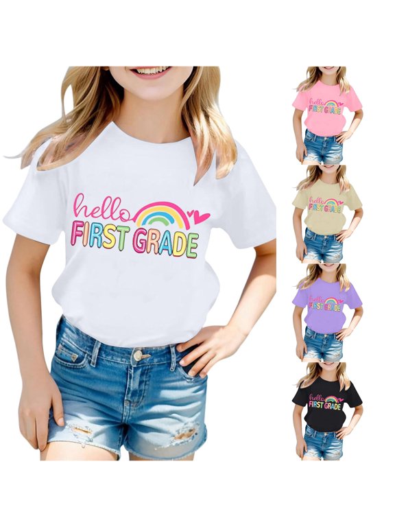 Child Toddler Tee Girls Short Sleeve Tees Back To School Letter Print Rainbow Graphic Crew Neck Loose Fit Outdoor Sports Summer Casual Daily Wear Cute Beach Tops,White,10-11 Years