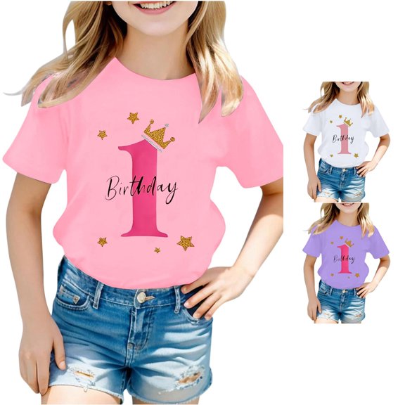 JCCXIN Child Toddler Tshirts Girls Short Sleeve Birthday Tees Letter Print Graphic Crew Neck Loose Fit Outdoor Sports School Days Summer Casual Daily Wear Funny Party Tops,Pink,1-2 Years