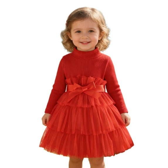 JCCXIN Fashion Girls Dress Elegant Girls Long Sleeve High Neck Solid Color Tiered Dress For And Autumn Party Occasion Classic 18-24 Months