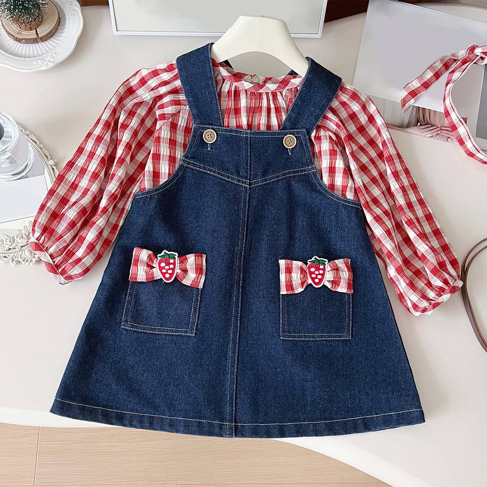 JCCXIN Girls Outfit Sets Toddler Denim Dress Shirt 2 Piece Outfit Sets Casual Spring Fall Baby Girl Clothes Sets Soft Jeans Overalls Tops Combo Fashionable Dailywear