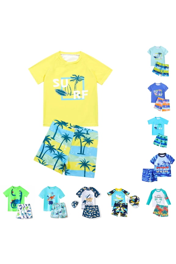 Boys Swimwear Coconut Tree Surfboard Print Swim Trunks Short Sleeve Shirt Relaxed Vacation Bathing Suit,Yellow,2-3 Years
