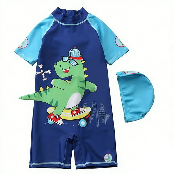 JCCXIN Kid Boys Swimwear Dinosaur Print Short Sleeve With Hood Cartoon Pattern Sun Summer Outfit Cute Pool Bathing Suit,Dark Blue,6-7 Years
