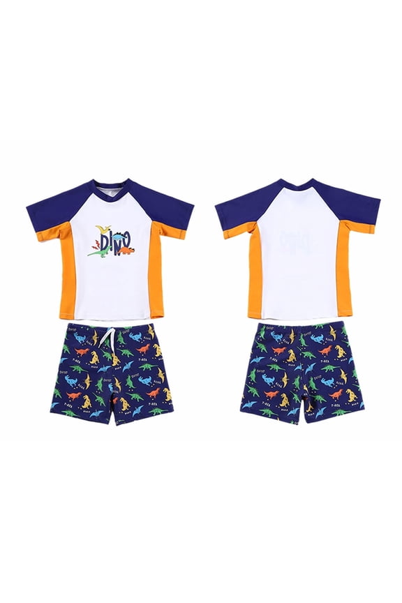 Kid Boys Swimwear Letter Cartoon Printed Two Piece Short Sleeve Shirt Swim Trunks Rash Guard Set Cute Pool Bathing Suit,White,4-5 Years
