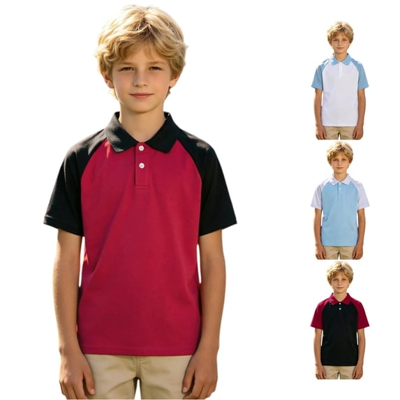 JCCXIN Little Boys School Uniform Polo Shirt Short Sleeve Patchwork Golf Shirts Stretch Active Tops Button Closure Collared Summer Adorable Casual Daily Clothes,Red,13-14 Years