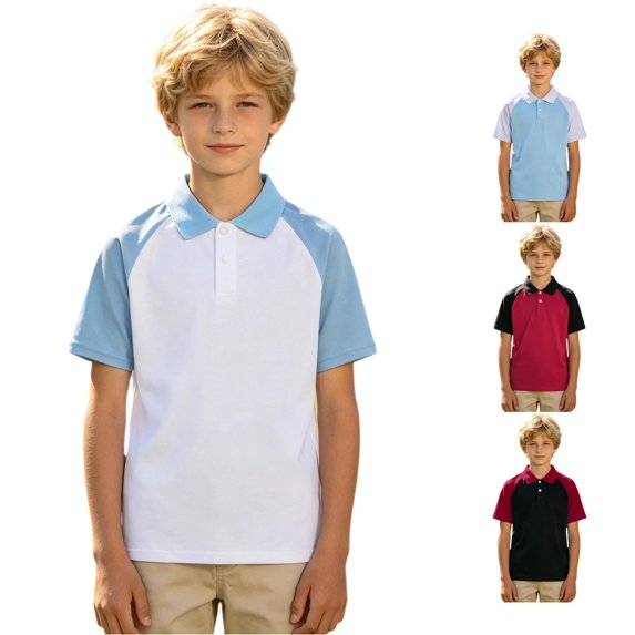 JCCXIN Little Boys School Uniform Polo Shirt Short Sleeve Patchwork Golf Shirts Stretch Active Tops Button Closure Collared Summer Relaxed Casual Daily Clothes,White,7-8 Years