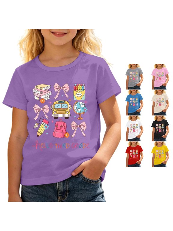 Little Girls Back To School T-Shirts First Day Of School Clothes Bow Pencil Graphic Tops Crew Neck Short Sleeve Loose Fit Comfort Festival Casual Everyday Wear,Purple,9-10 Years