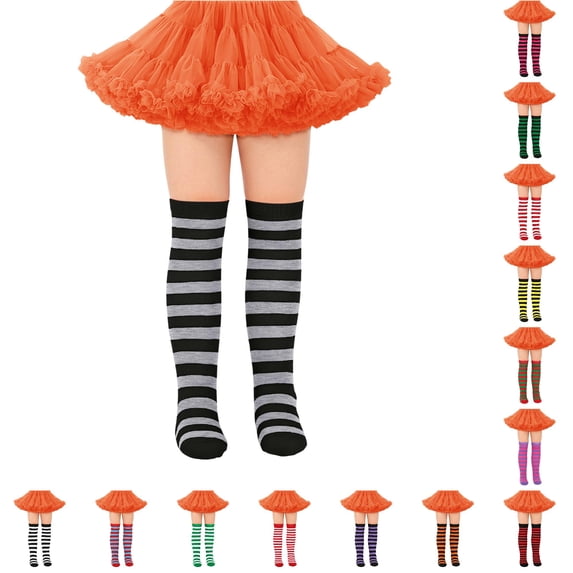 JCCXIN Little Girls Halloween Socks Cotton Striped Over The Knee Socks Dress-Up Party Trick Or Treat Breathable Festival Wear Soft Indoor Daily Wear,Grey,7-12 Years