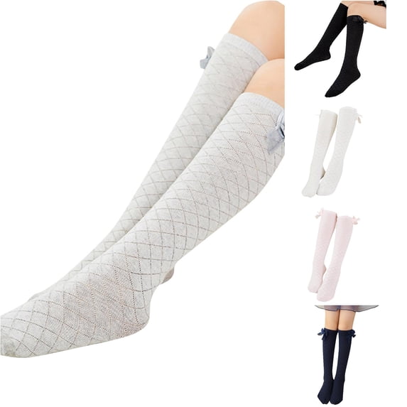 JCCXIN Little Girls Socks Cotton Mesh Knee High Sweet Bow Socks Breathable Outdoor Soft Indoor Daily Wear,Grey,8-12 Years