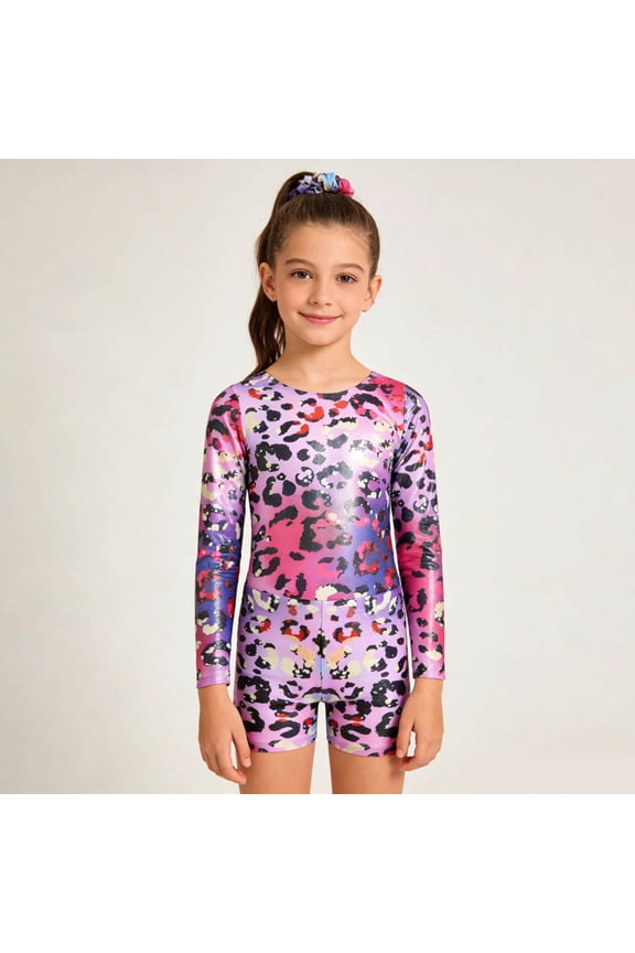 Outfit Sets Girls O-Neck Long Sleeve Performance Leotard With Glitter Print And Matching Shorts Hair Scrunchie For Dance Gymnastics Stage Adorable Clothes Sets