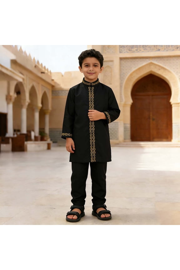 Outfit Sets Teenage Boys Long Sleeve Robe Suit Ational Embroidered Robe Suit Arab Child's Wear Out Wear Soft Clothes Sets