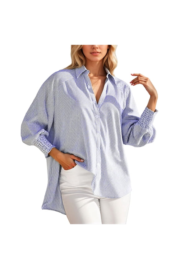 Shirts For Women Ladies Smocked Striped Boyfriend Shirt With Pocket Casual Long Sleeve Blouse Tops For Pocket Shirred Fashion 2025 Blouses