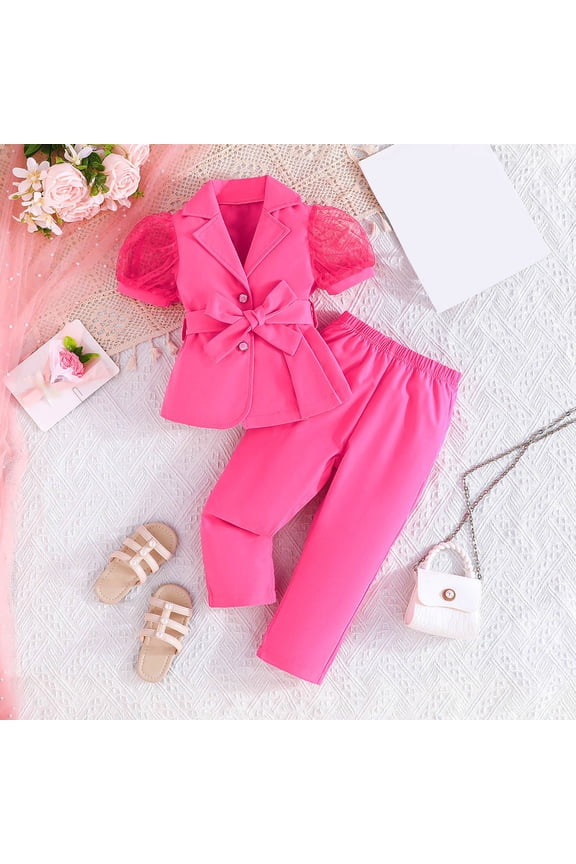 Stylish Girls Tops Pants Two Piece Outfit Sets Fashion Short Sleeve Blouse With Mesh Sheer And Tailored Long Pants Toddlers Kids Stylish Clothes Sets