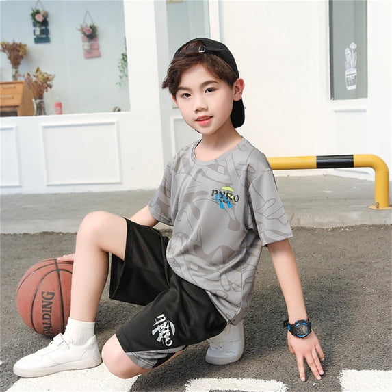 JCCXIN Summer Outfit Sets Child Quick Drying Sports Set Boys Wicks Sweat O-Neck Short Sleeve T-Shirts O-Neck Tops Shorts Two Piece Basketball Suit With Pocket Holiday Clothes Sets