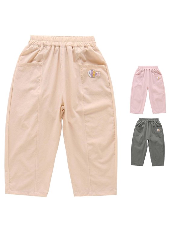 Girls School Pants Casual Baggy Cartoon Fish Appliques Ankle-Tied Pants With Pockets Lightweight Outdoor Summer Daily Wear Sweet Street Bottoms,Beige,7-8 Years