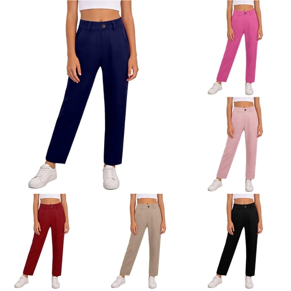 JCCXIN Girls School Uniform Pants Slim Fit Chino Pants Flat Front High Waist Stretch Trousers With Pockets Stretch Casual Daily Wear Soft Street Bottoms,Navy,5-6 Years