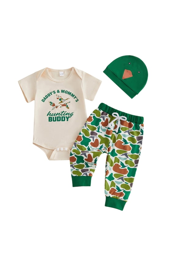 Toddler Baby Boys Outfit Summer Cute Cartoon Print Short Sleeve Romper Pants Hat Three Piece Combo Crew Neck Lovely Holiday Sets,Beige,0-3 Months