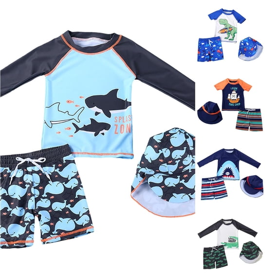 JCCXIN Toddler Baby Boys Swimsuit Cartoon Graphic Rash Guard And Trunks With Hat 3 PC Set Long Sleeve Crew Neck Batching Suit Summer Surfing Cute Vacation Swim Sets,Sky Blue,12-24 Months