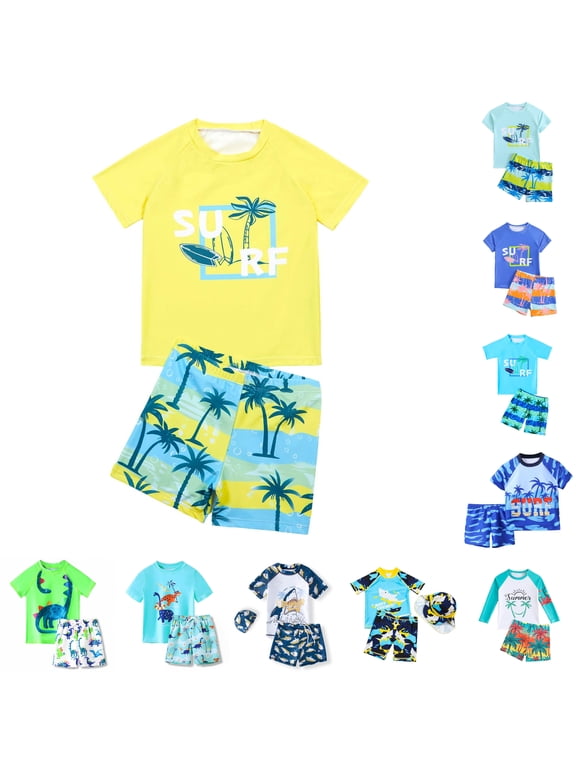 Toddler Baby Boys Swimsuit Coconut Tree Surfboard Print Swim Trunks Short Sleeve Shirt Cool Pool Beachwear,Yellow,3-4 Years