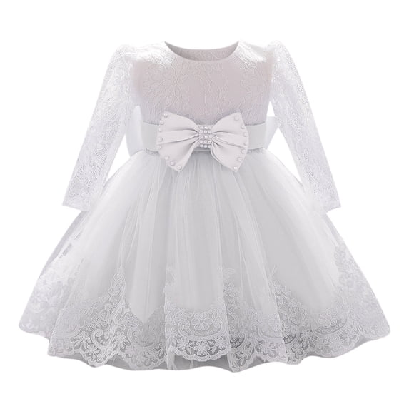JCCXIN Toddler Baby Girls Dress Crew Neck Ball Gown Ruffle Long Sleeve Lace Bowknot Flower Pageant Party Wedding Princess Relaxed Graduation Sundress,White,18-24 Months