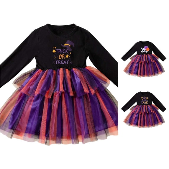 JCCXIN Toddler Baby Girls Halloween Dress Long Sleeve Letter Graphic Tulle Tutu Dress-Up Party Dresses Crew Neck Trick Or Treat School Carnival Funny Festival Clothes,Purple,2-3 Years