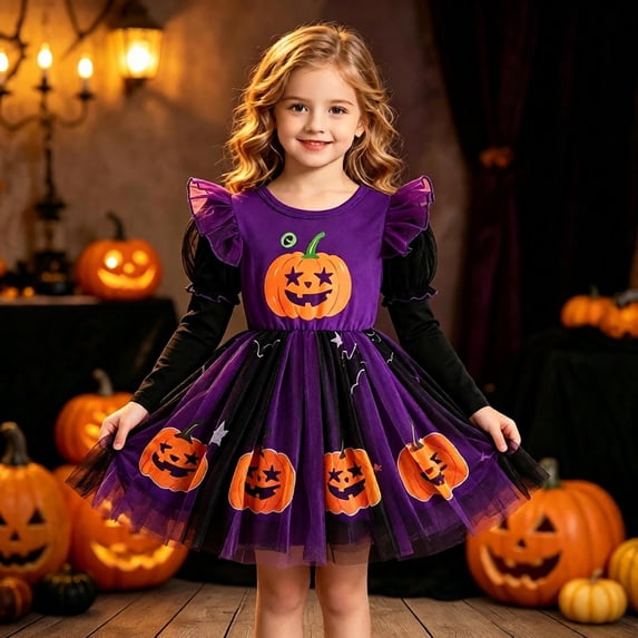 JCCXIN Toddler Baby Girls Halloween Dresses Long Sleeve Pumpkin Graphic Tulle Tutu Dresses-Up Party Dress Crew Neck Trick Or Treat School Carnival Eye-Catching Photo Shoot Clothes,Purple,12-18 Months