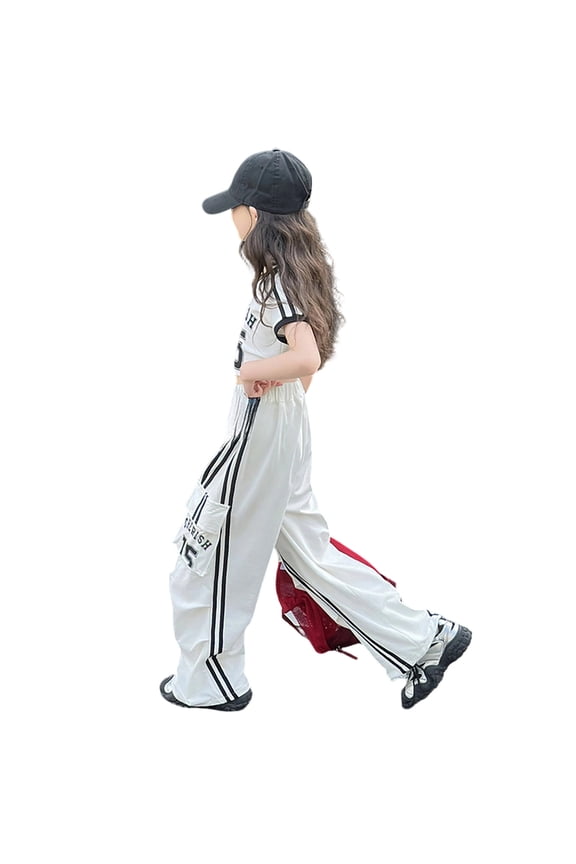 Toddler Baby Girls Pants Jazz Street Dance Cargo Denim Baggy Wide Leg Jumpsuit With Waist Belt Drawstring Hem Soft Home Trousers,White,4-5 Years