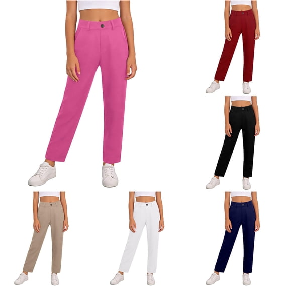 JCCXIN Toddler Baby Girls School Uniform Pants Slim Fit Chino Pants Flat Front High Waist Stretch Trousers With Pockets Stretch Casual Daily Wear Cute Holiday Bottoms,Hot Pink,9-10 Years