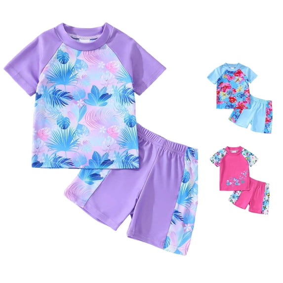 JCCXIN Toddler Baby Girls Swimwear Short Sleeve Rash Guard And Trunks 2 Piece Set Floral Print Swim Wear Crew Neck Surfing Summer Water Play Lovely Vacation Swimsuit,Purple,7-8 Years