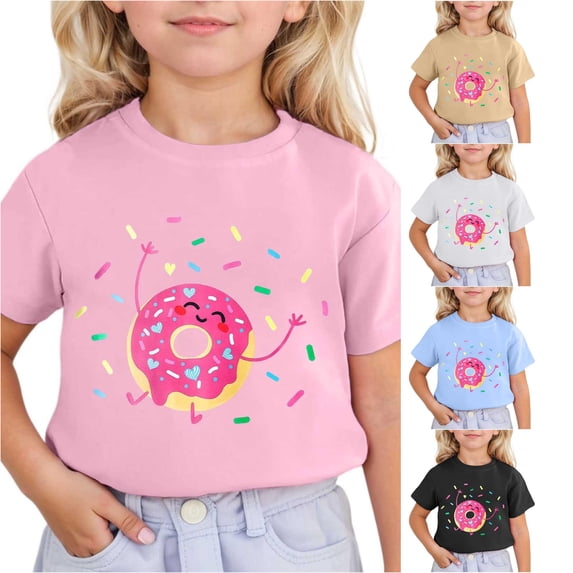 JCCXIN Toddler Baby Girls T-Shirts Short Sleeve Cartoon Doughnut Graphic Tops Crew Neck School Outdoor Playwear Loose Fit Summer Sweet Street Casual Daily Wear,Pink,12-13 Years