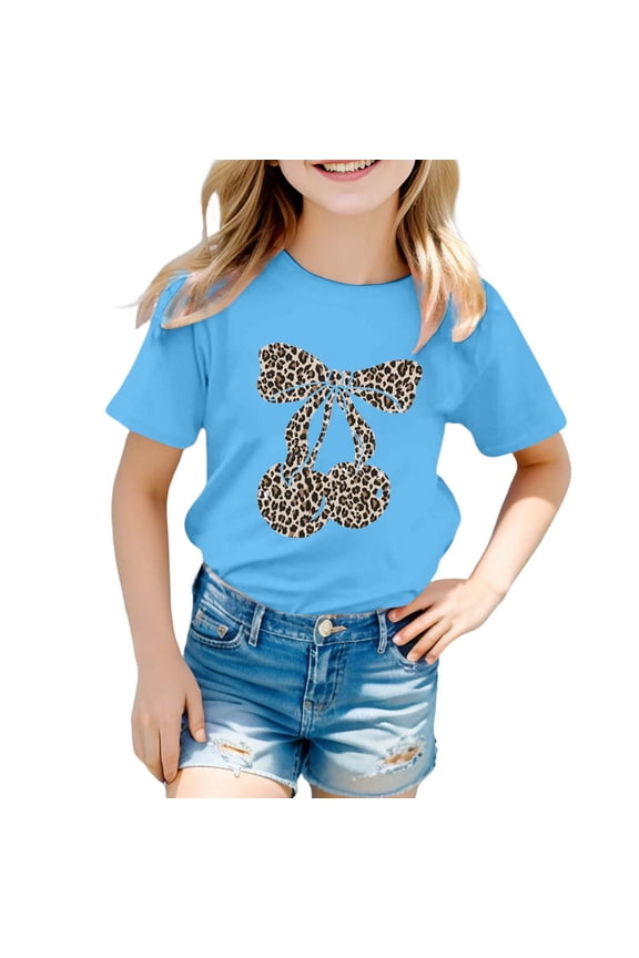 Toddler Baby Girls Tee Shirt Leopard Graphic Short Sleeve Round Neck Preppy Casual Cute Summer Funny Vacation Tops,Sky Blue,8-9 Years